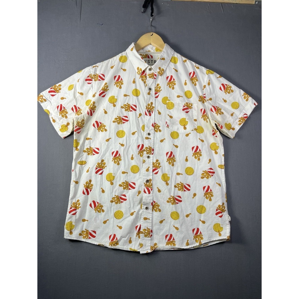 VSTR Fried Chicken Waffles Print Shirt Mens Large White Button Down
